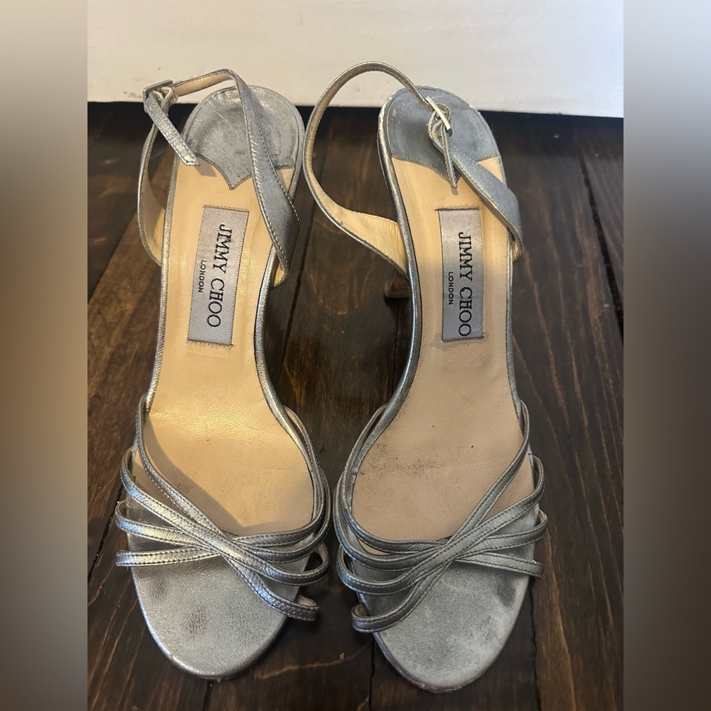 $850 Jimmy Choo Silver Leather Strappy Sandals 38.5 7.5